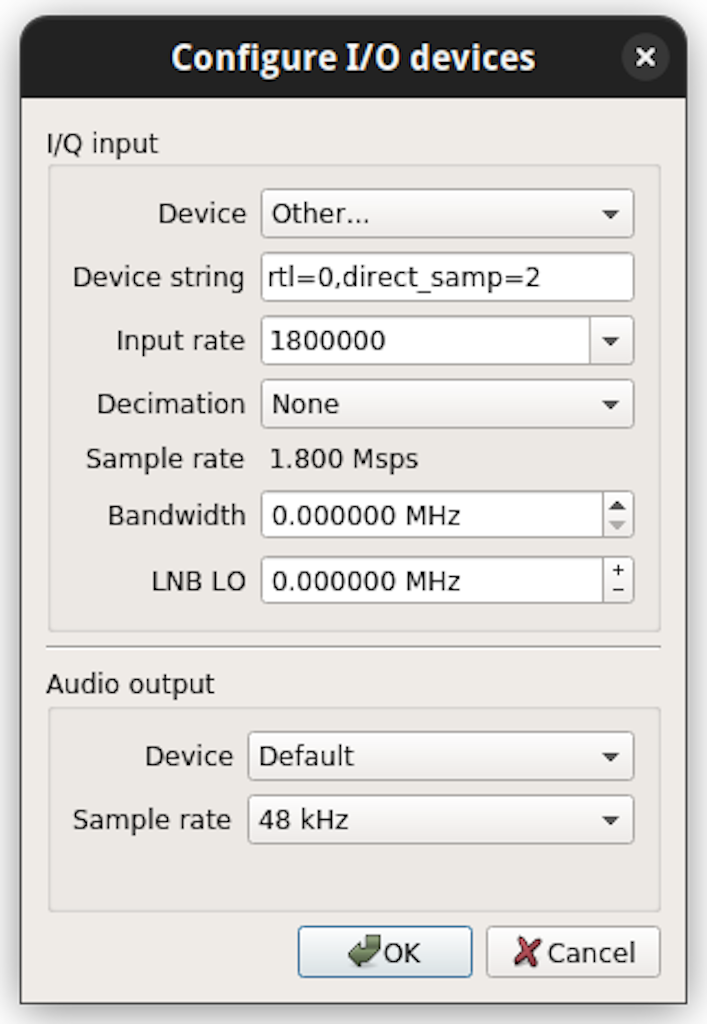 Direct sample settings for the GQRX